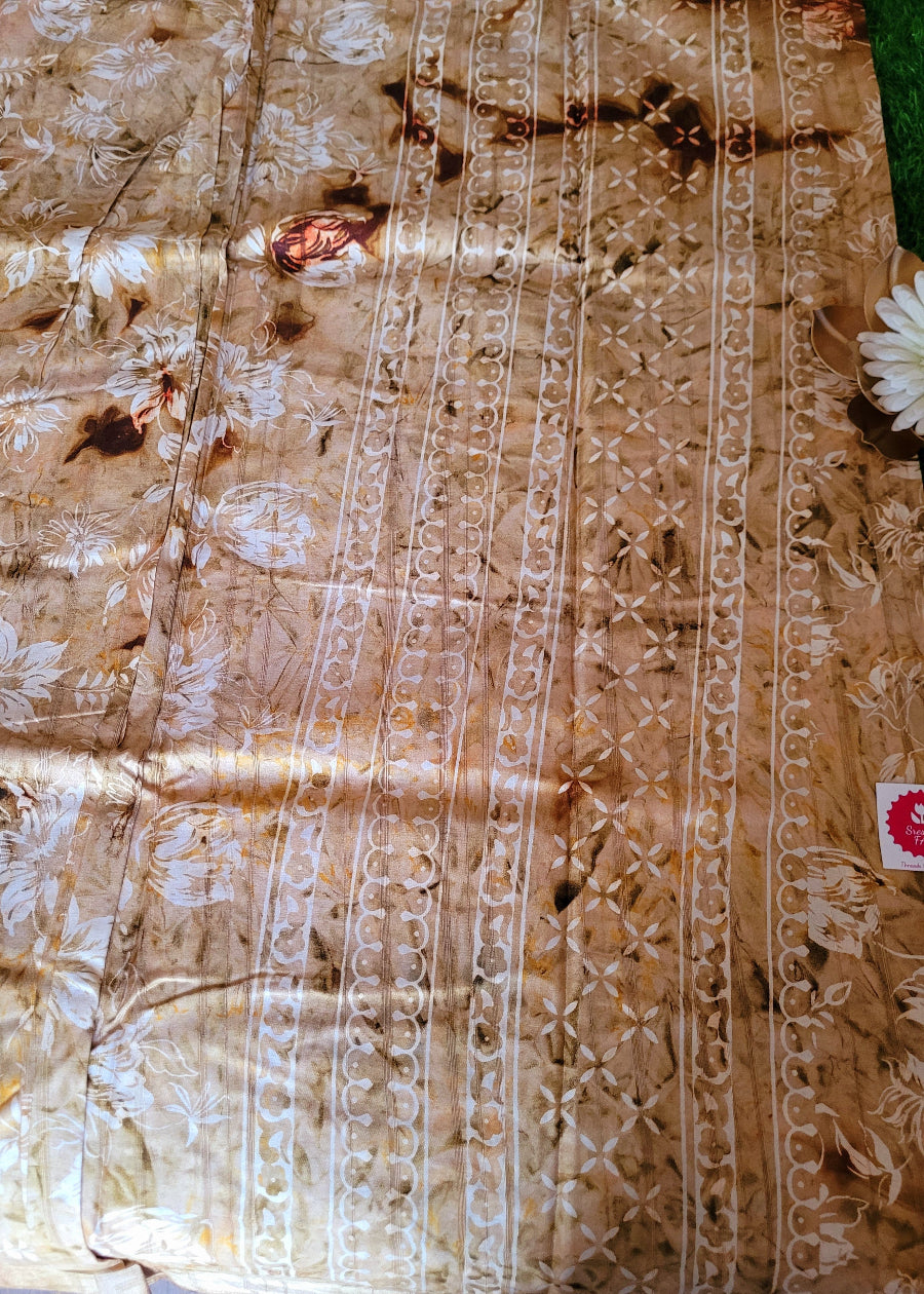 Soft Beige Colour Cotton Mix Saree In Floral Design- Casual