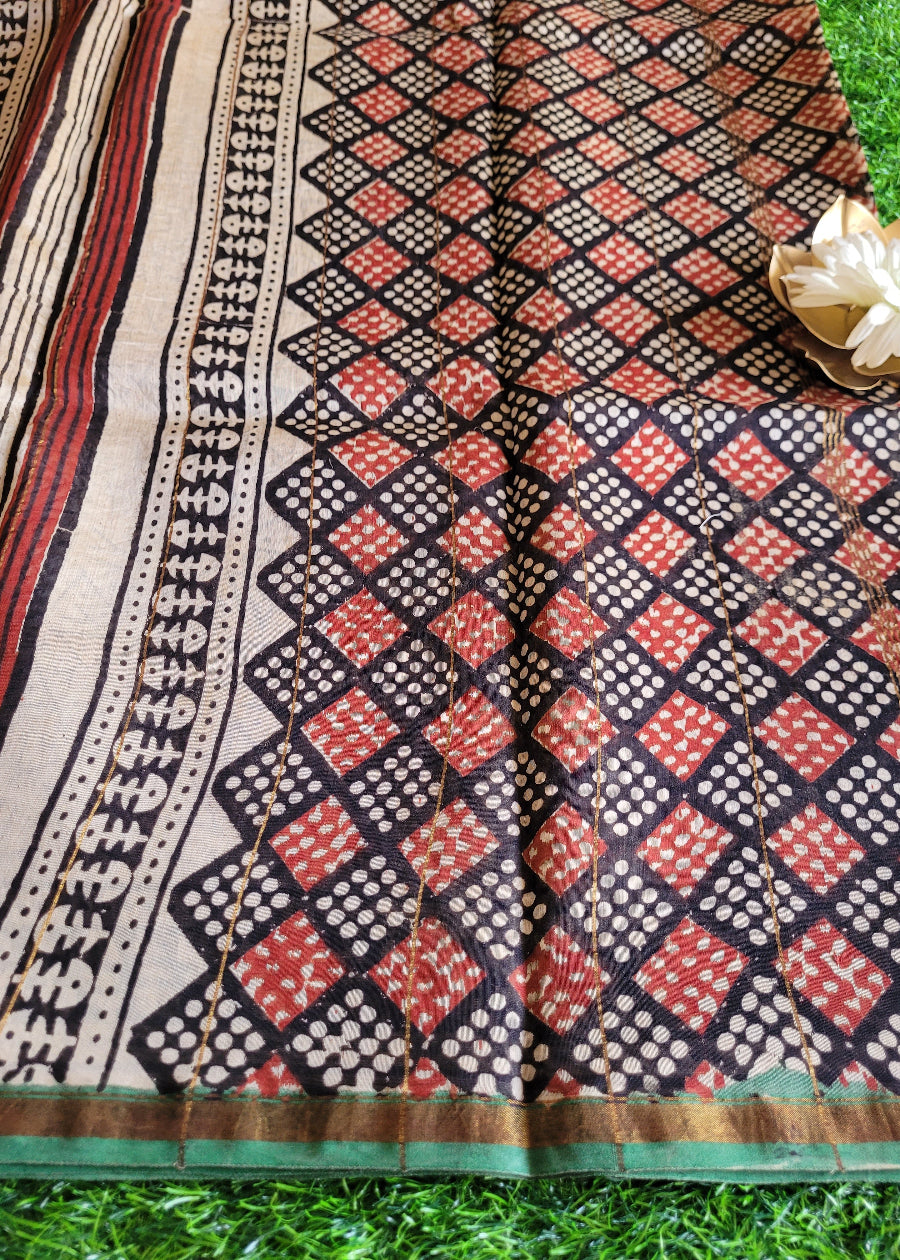 Block Printed Beige Chanderi Silk Cotton Saree- Rajasthan