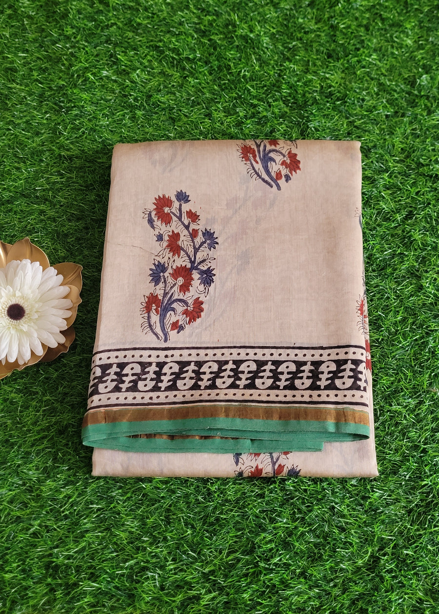 Block Printed Beige Chanderi Silk Cotton Saree- Rajasthan