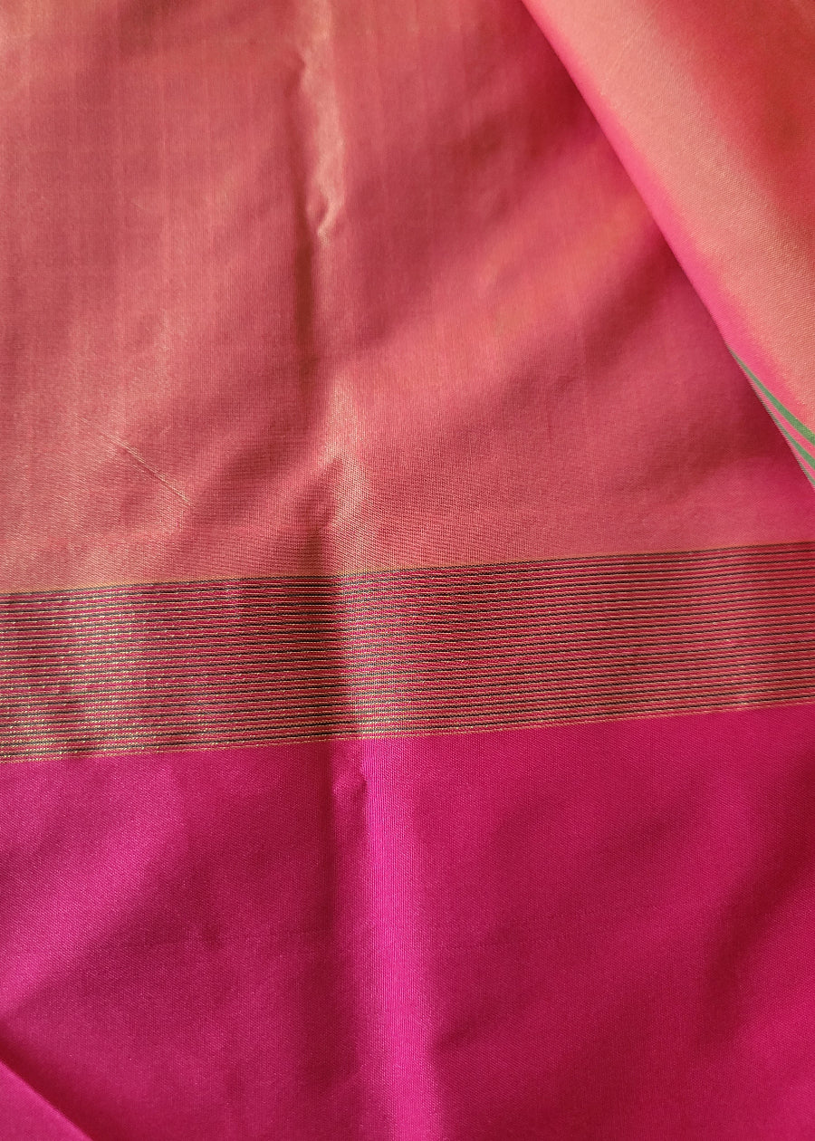 Parrot Green And Peach Semi Arani Silk Saree- TN