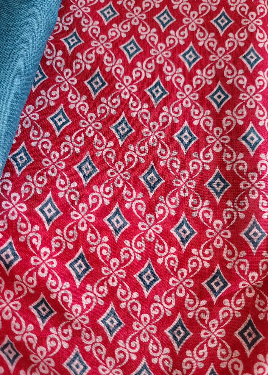 Greyish Blue and Red Blended Cotton Saree- Casual