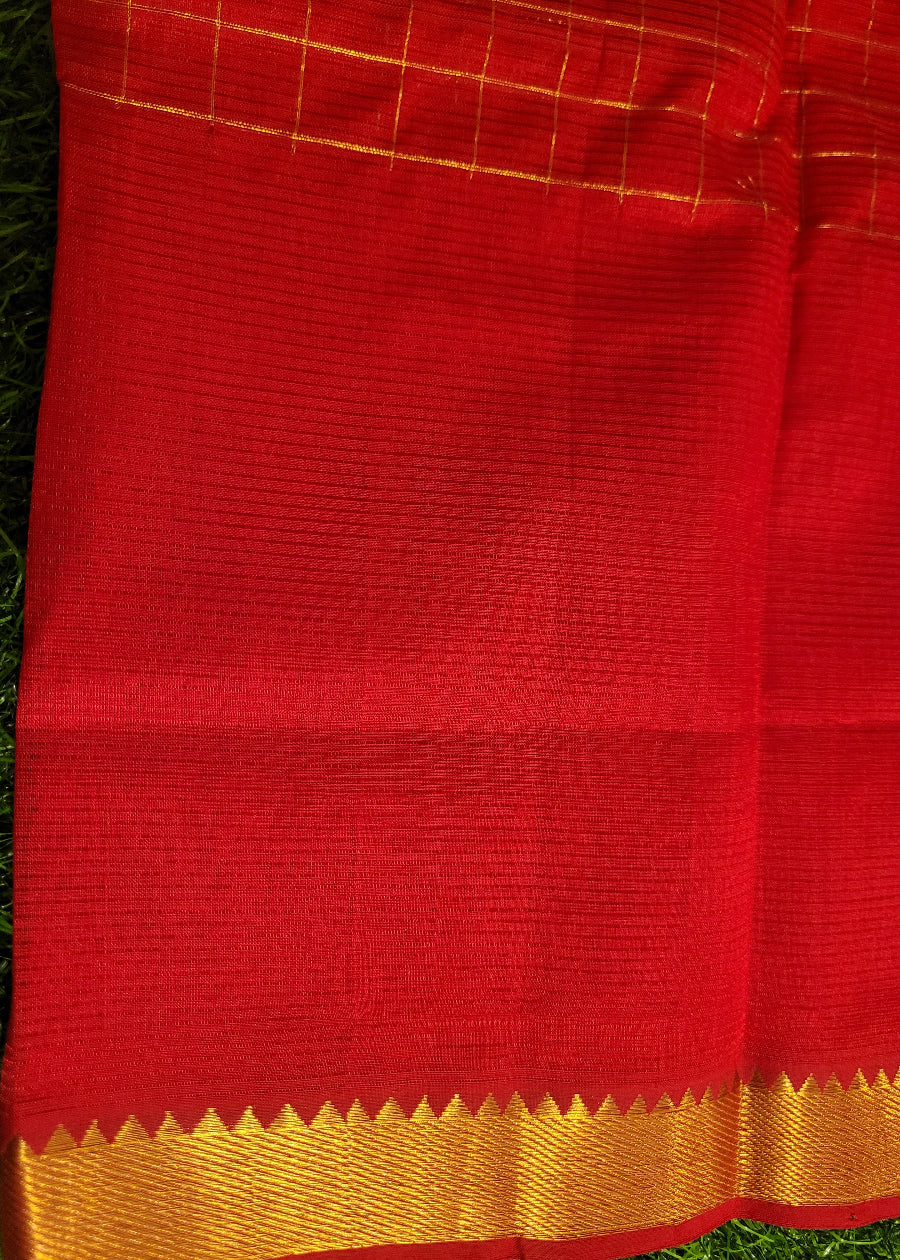Checks Design Mangalgiri Silk Saree In Chilli Red- Andhra