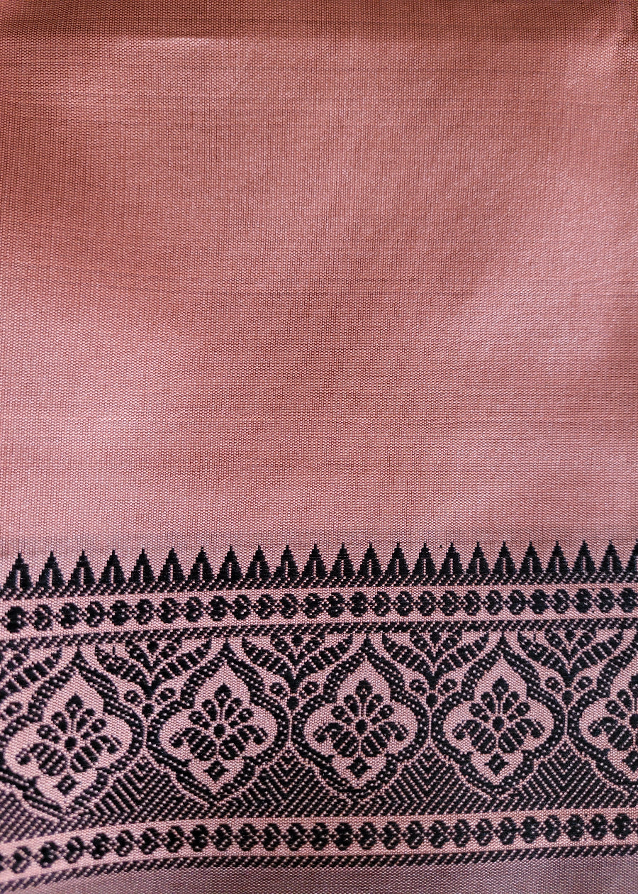 Light Peach And Black Poly Cotton Saree- Casual