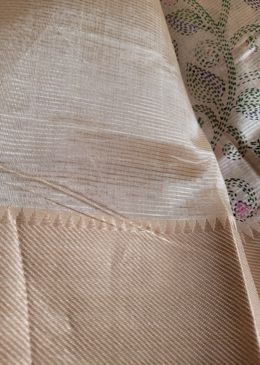 Pichwai Design Beige And Blue Mangalgiri Silk Saree- Andhra