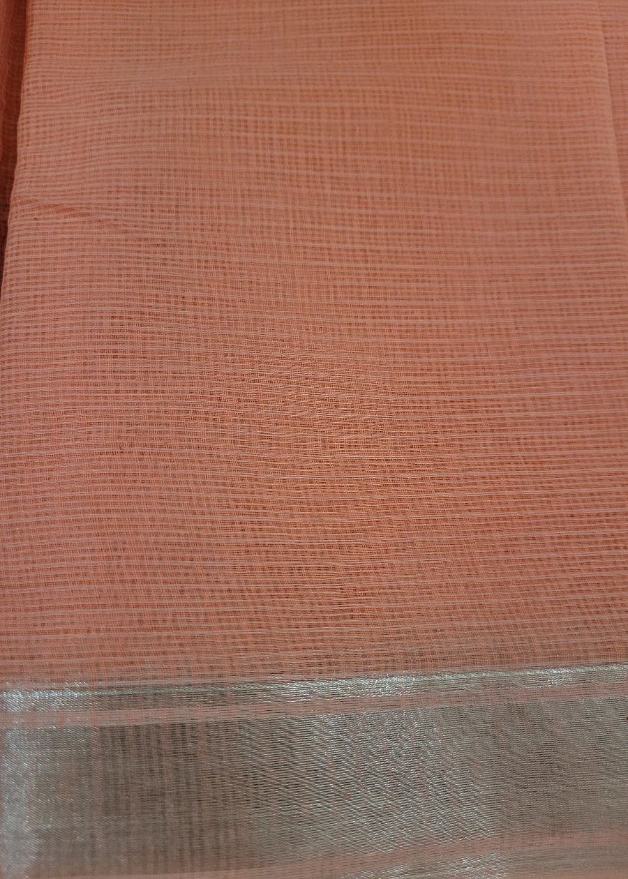Dark Peach Kota Cotton Saree With Embroidery- Rajasthan