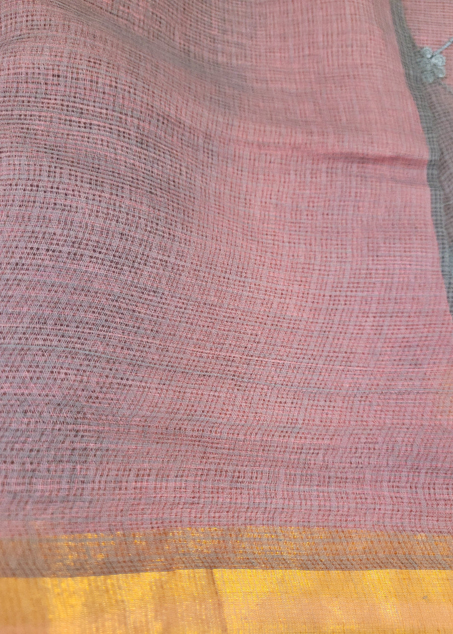 Pink And Grey Kota Cotton Saree With Embroidery- Rajasthan