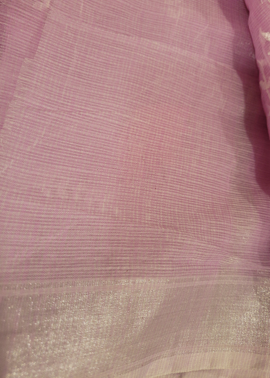 Light Pink Kota Cotton Saree With Embroidery- Rajasthan