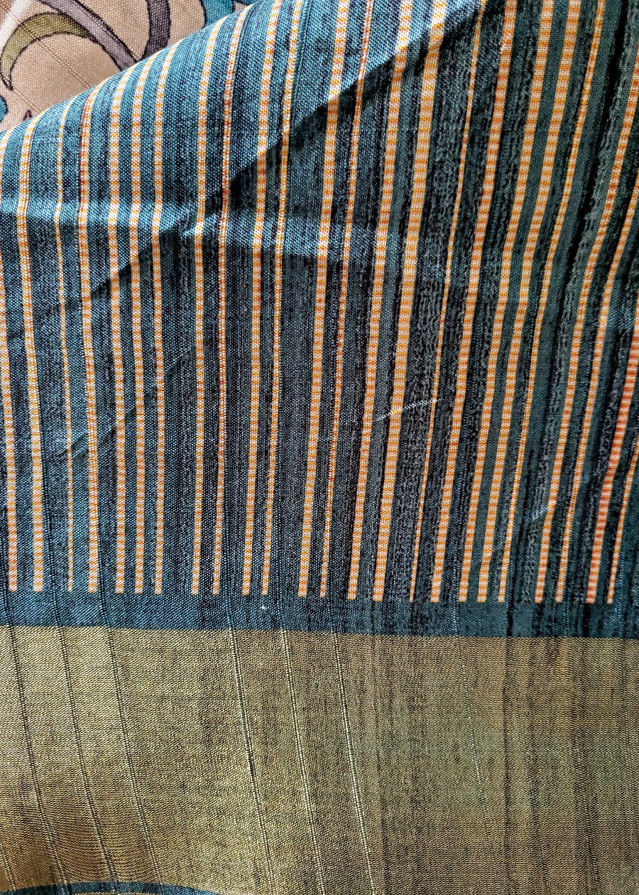 Kalamkari Semi Silk In Cream And Teal Blue- Andhra