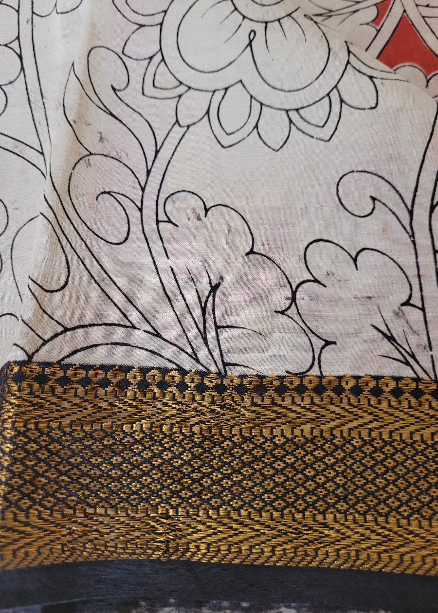 Kalamkari Semi Silk Saree With Nizam Border in Brick Red Colour - Andhra