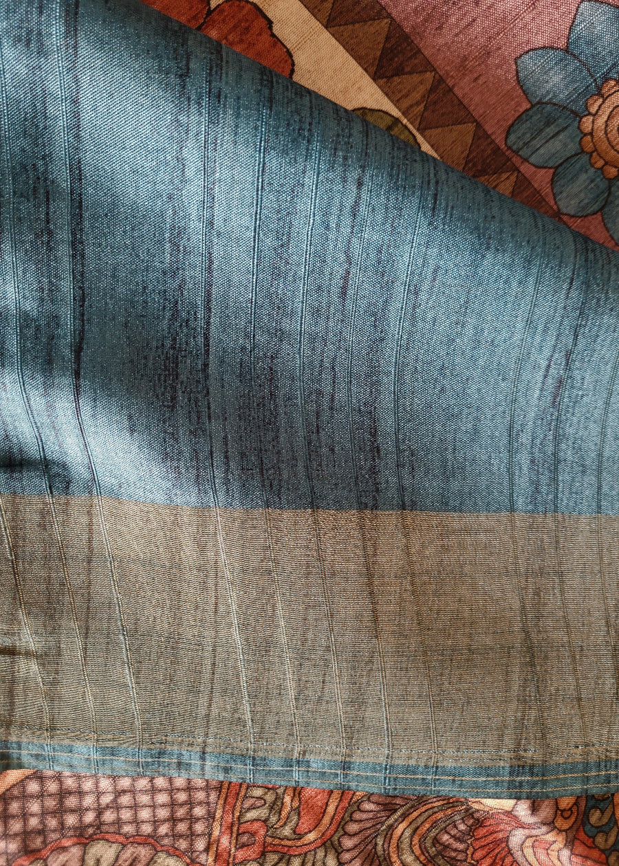 Cream And Blue Kalamkari Semi Silk Saree- Andhra