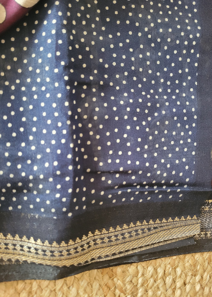 Dark Wine And Black Semi Kalamkari Silk Saree- Andhra