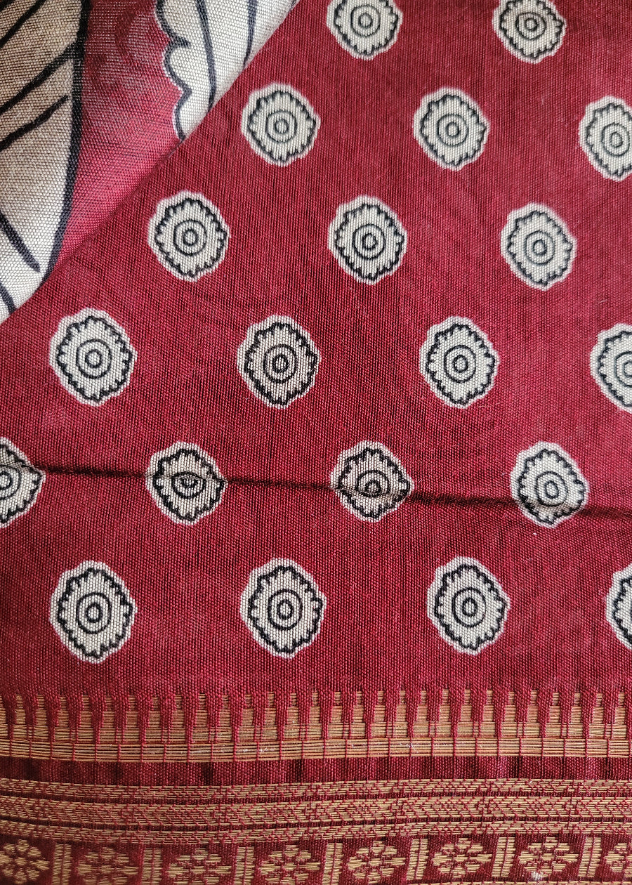 Deep Mustard And Maroon Kalamkari Semi Silk Saree - Andhra