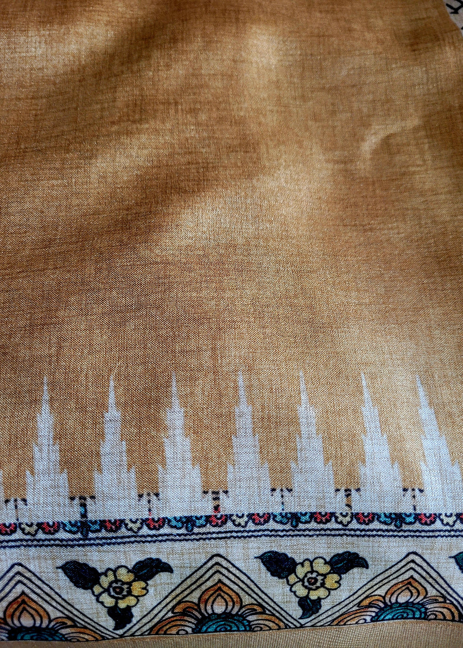 Sandal And Yellow Colour Kalamkari Semi Silk Saree With Maggam Work- Andhra