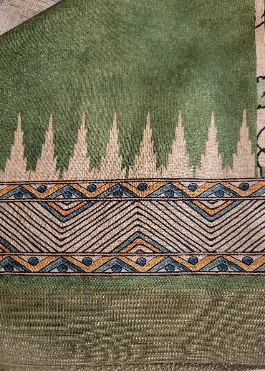 Cream and Sage Green Kalamkari Semi Silk With Maggam Work- Andhra