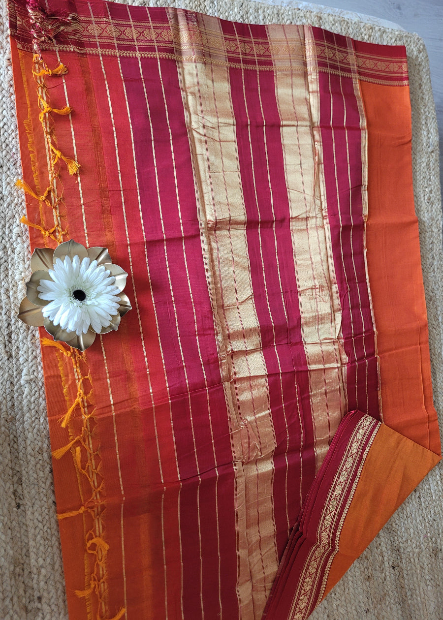Orange And Red Ilkal Silk Cotton Saree- Karnataka