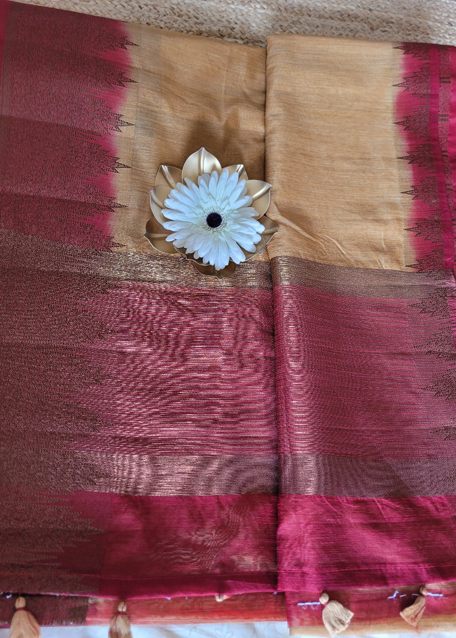 Sandal and Maroon Colour Semi Jute Silk Saree- Bengal