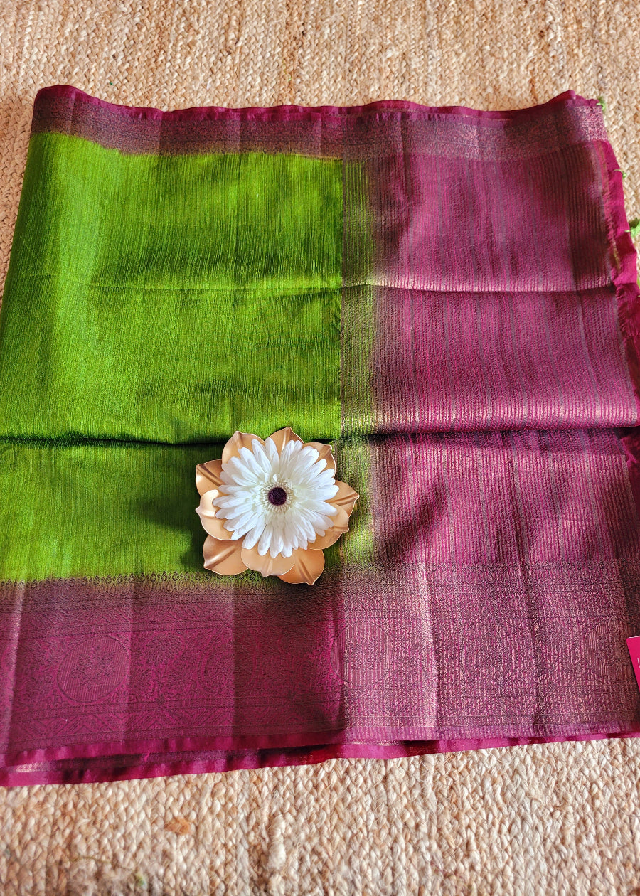 Leaf Green And Maroon Semi Jute Silk Saree-Bengal