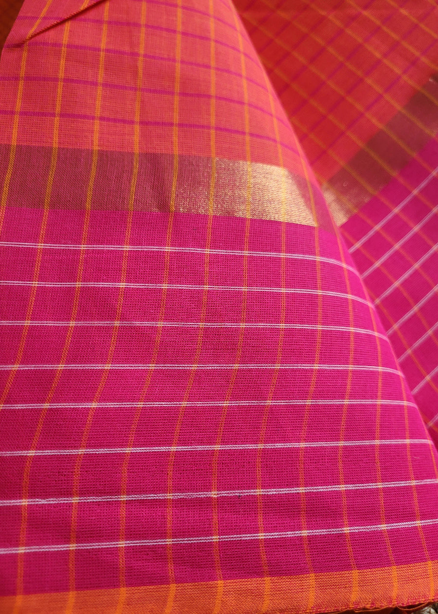 Orange And Fuchsia Pink Mangalgiri Cotton Saree- Andhra