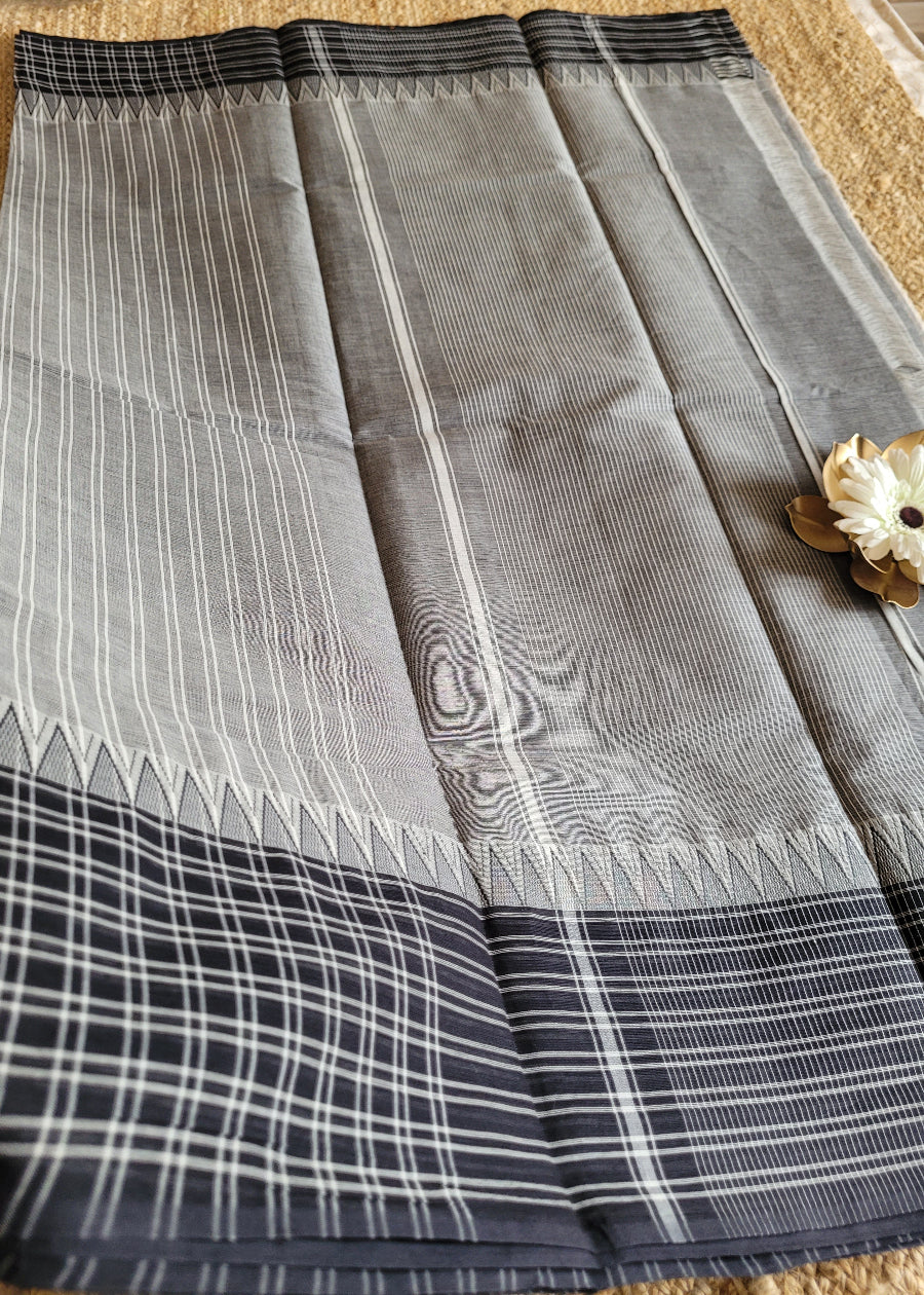 Grey And Black Mangalgiri Cotton Saree- Andhra