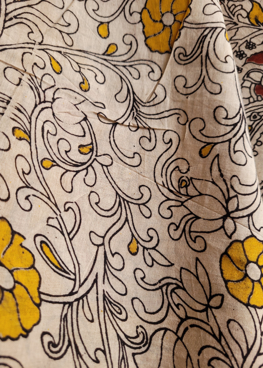 Kalamkari Cotton Saree In White And Yellow- Andhra