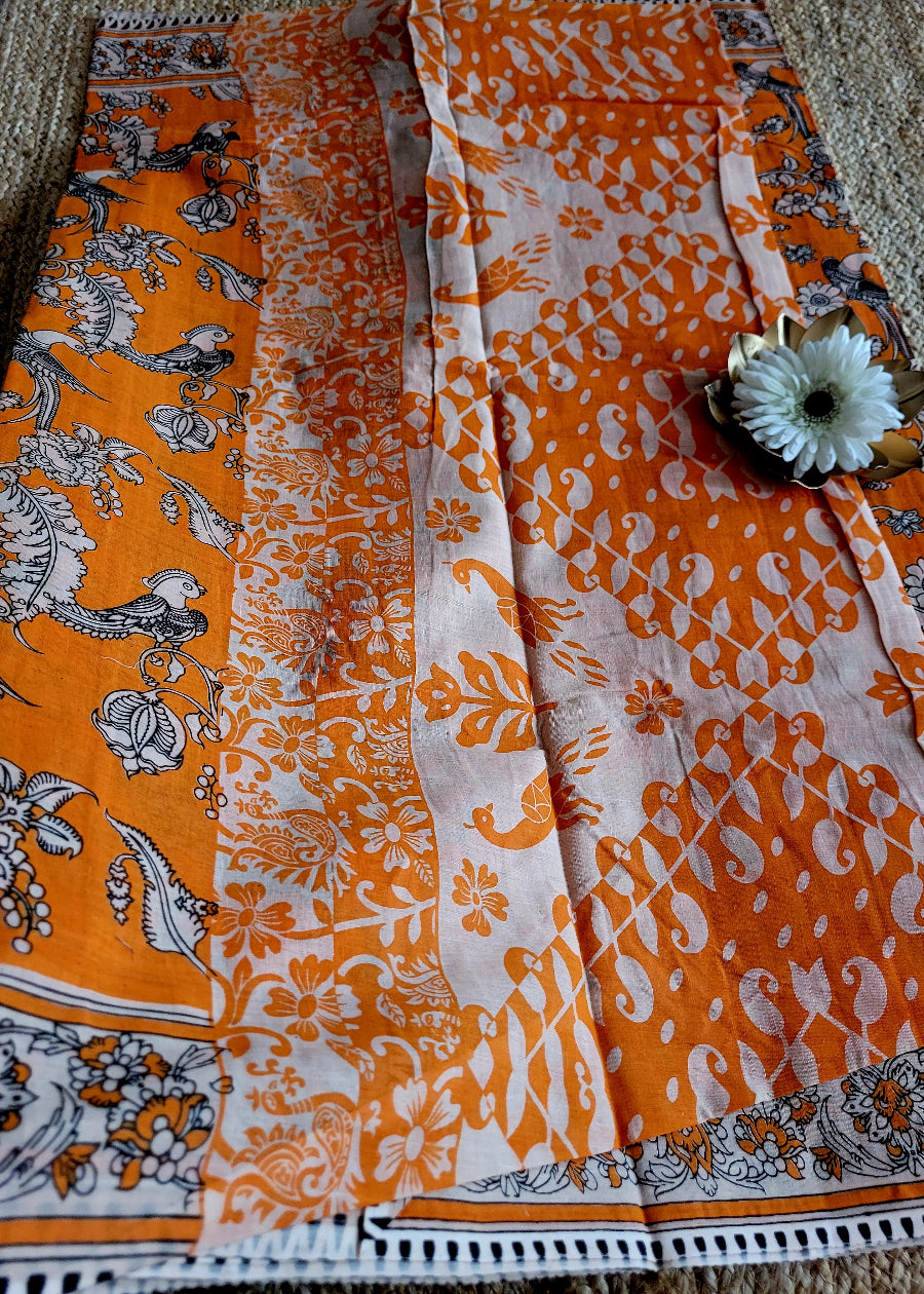 Turmeric Yellow Kalamkari Cotton Saree-Andhra