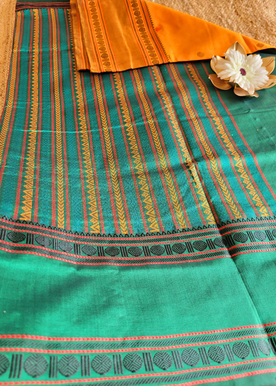Mango Colour And Green Silk Cotton Saree- TN