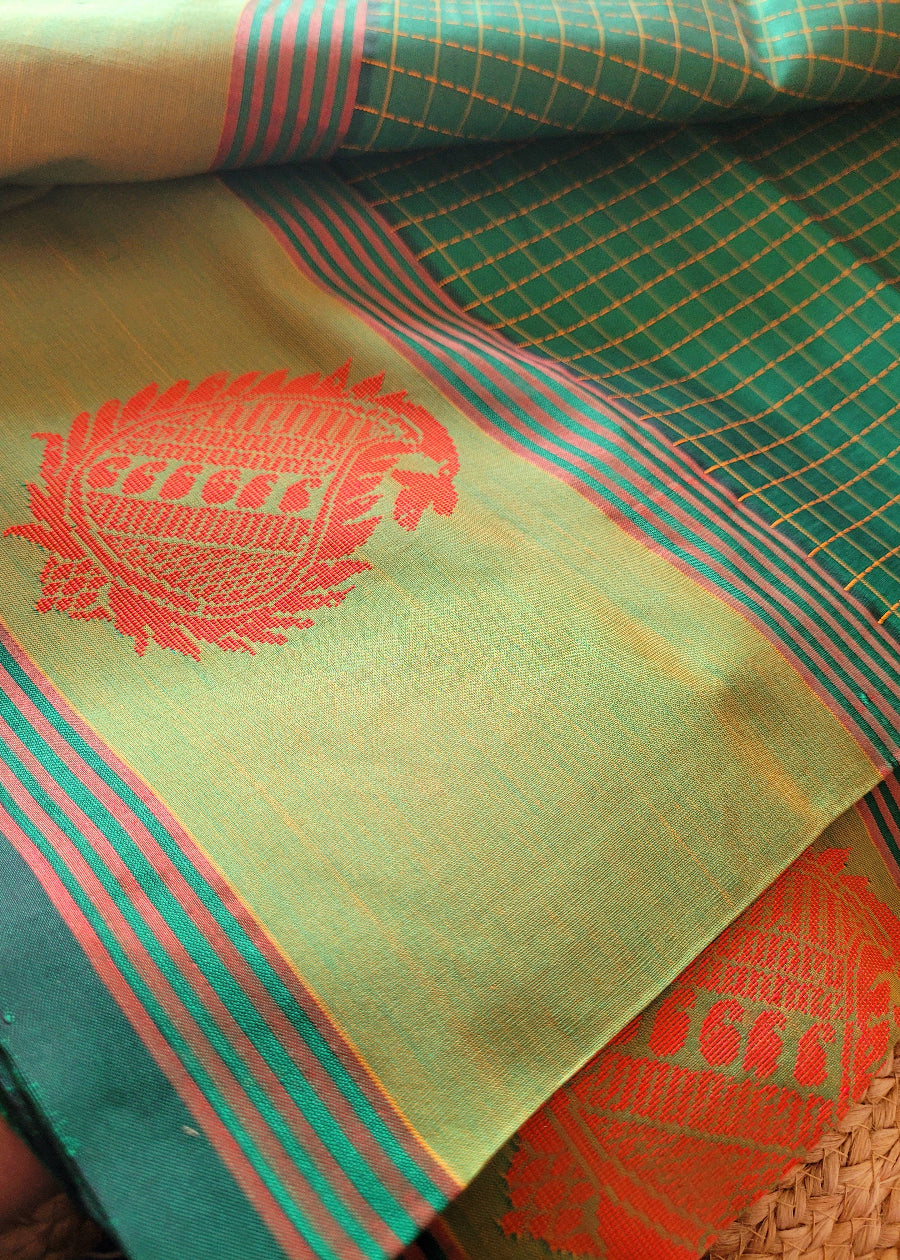 Check Design Green And Mango Colour Silk Cotton Saree-TN