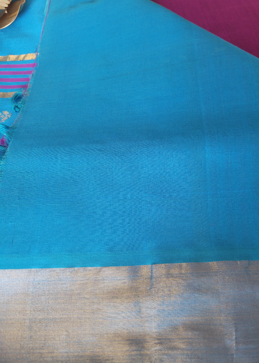 Wineish Purple And Copper Sulphate Blue Silk Cotton Saree- TN