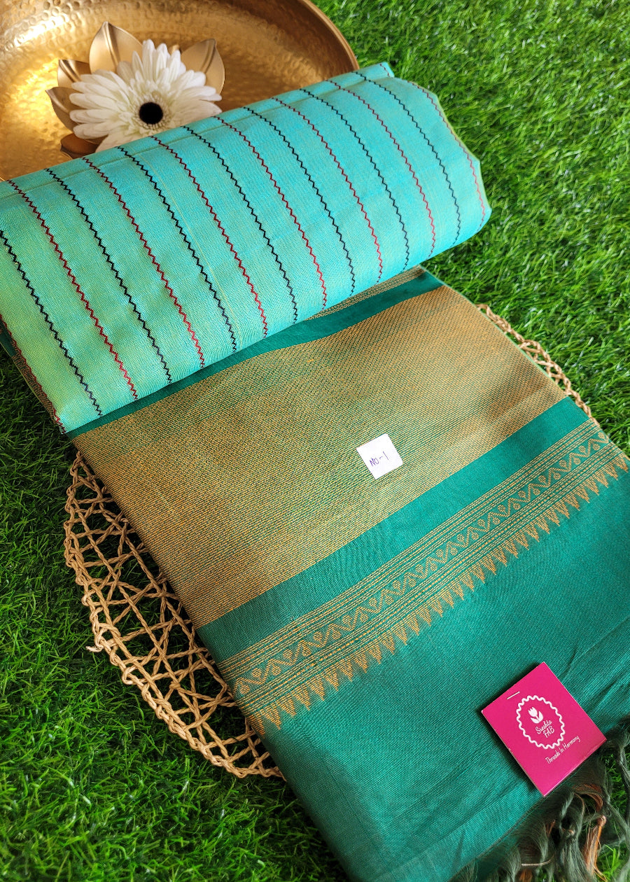 Turquoise And Green Pure Silk-Cotton Saree- TN