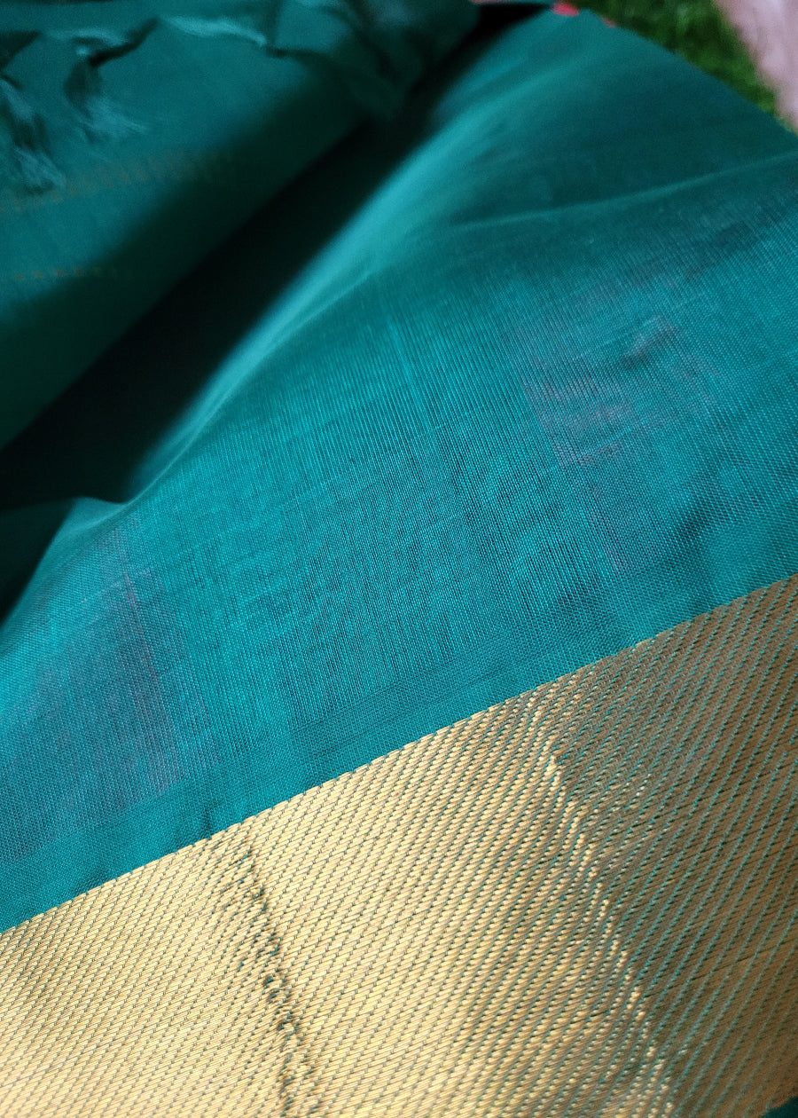 Checked Pattern Green And Majenta Pure Silk- Cotton Saree - TN