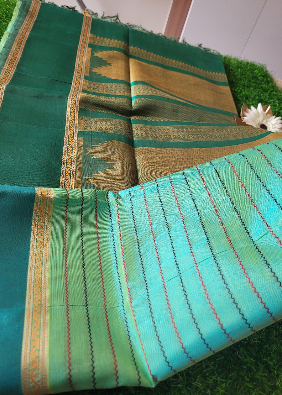 Turquoise And Green Pure Silk-Cotton Saree- TN