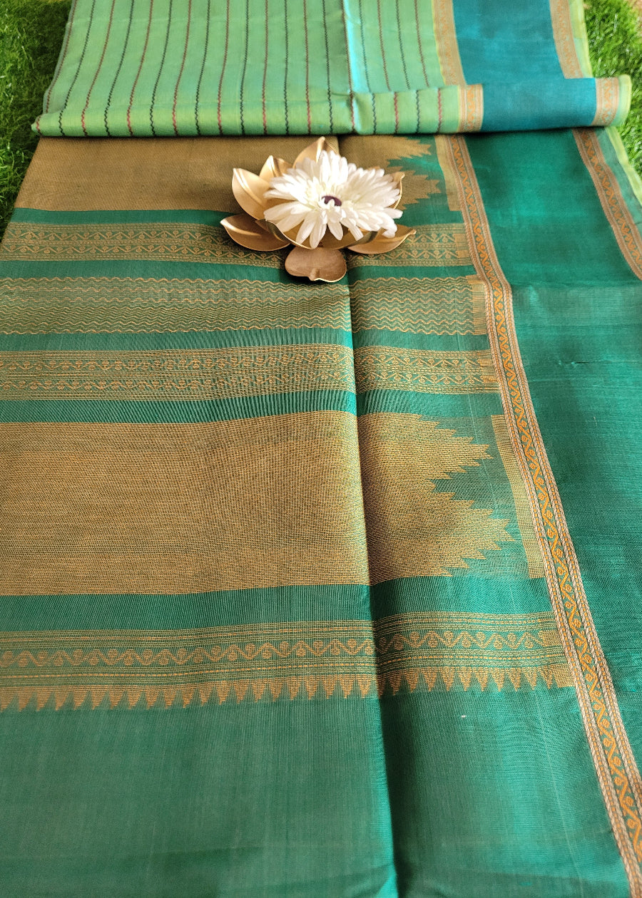 Turquoise And Green Pure Silk-Cotton Saree- TN
