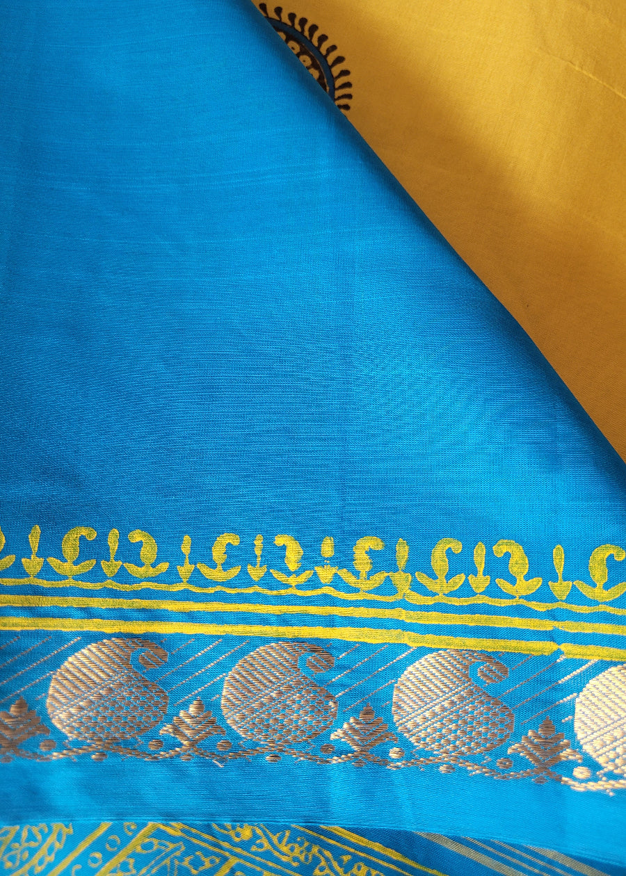 Yellow And Copper Sulphate Blue Printed Silk Cotton Saree- TN
