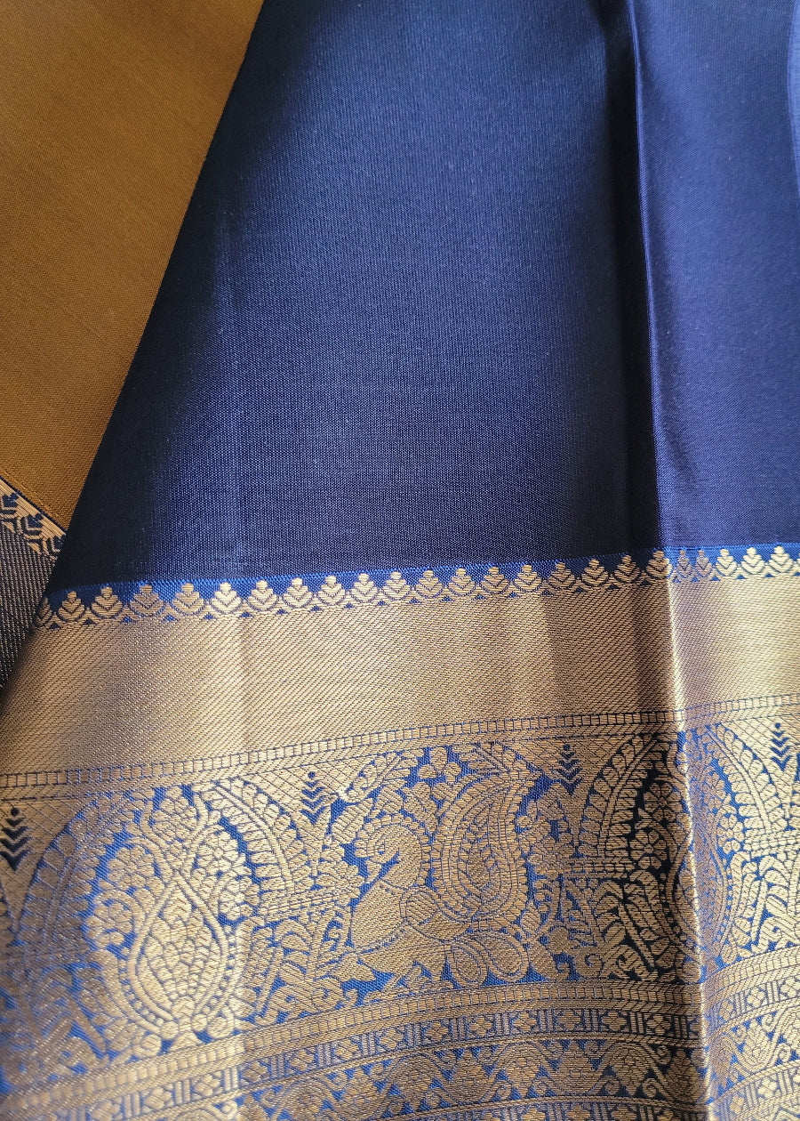 Deep Golden And Blue Kancheepuram Silk Saree - TN