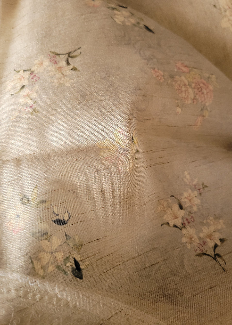 Beige Semi Chanderi Saree With Threadwork- Jaipur