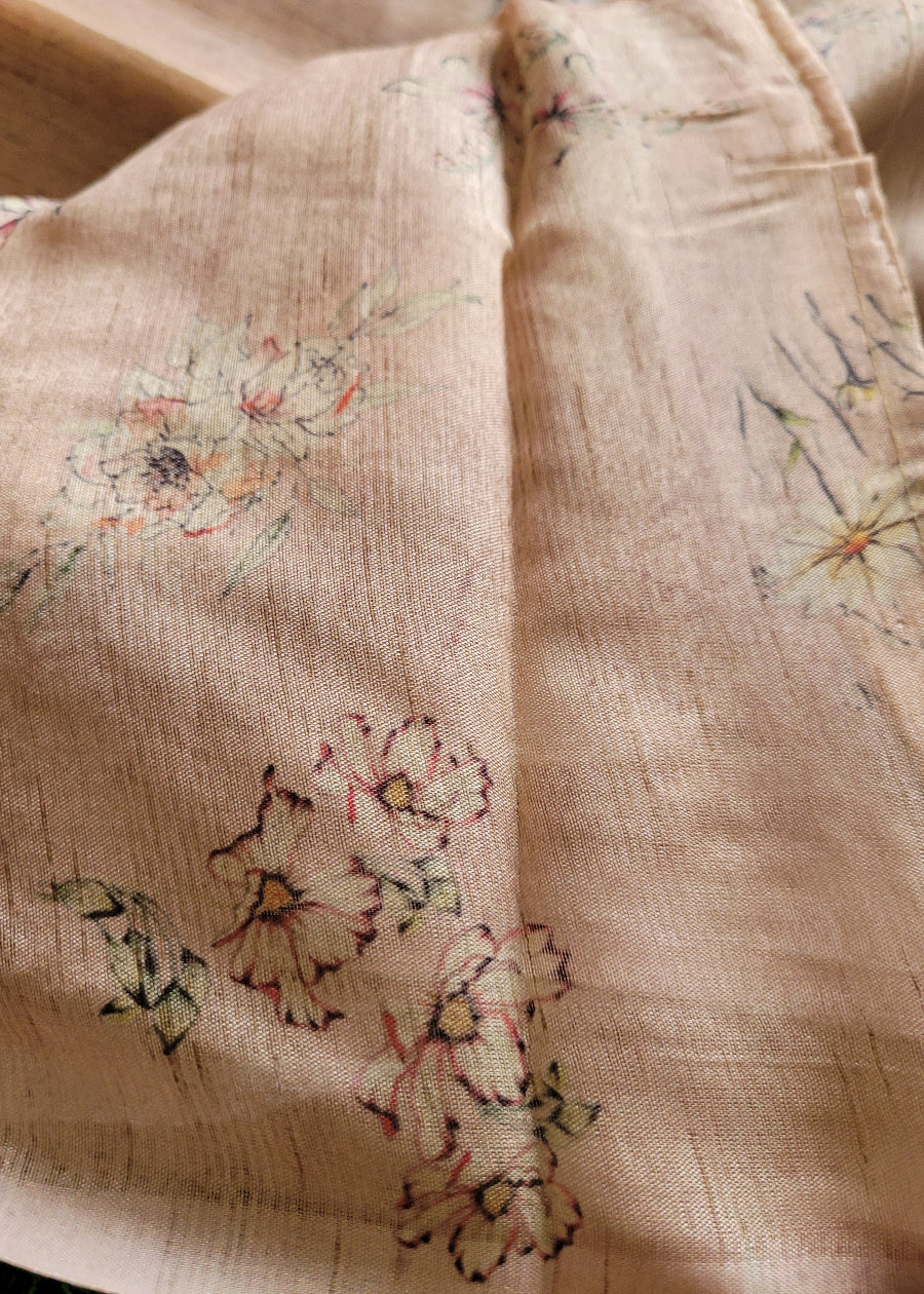 Light Peach Semi Chanderi Saree With Thread Work- Jaipur