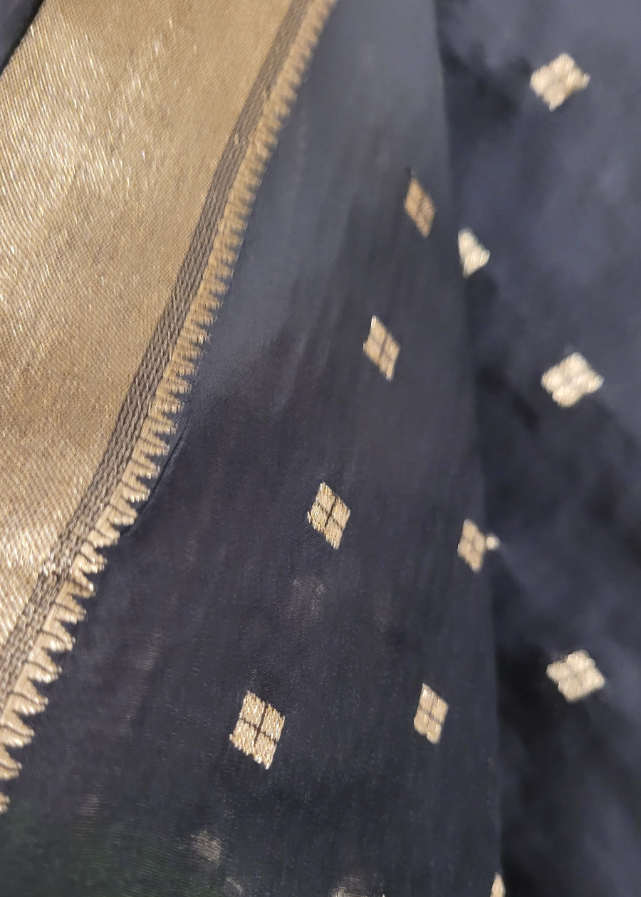 Black and Gold Semi Munga Silk Saree-Bengal