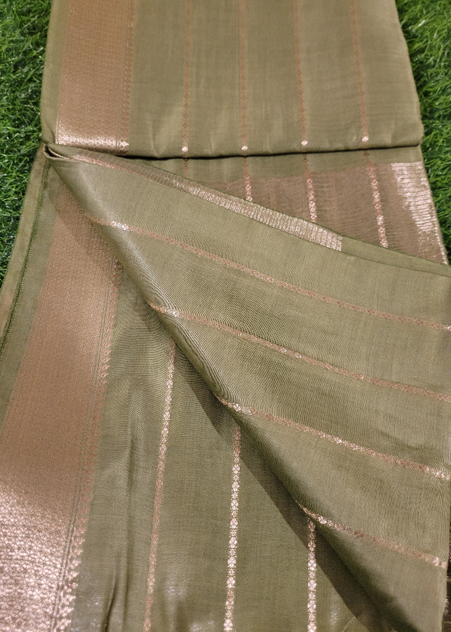 Sage Green And Gold Semi Silk Saree- Bhagalpur