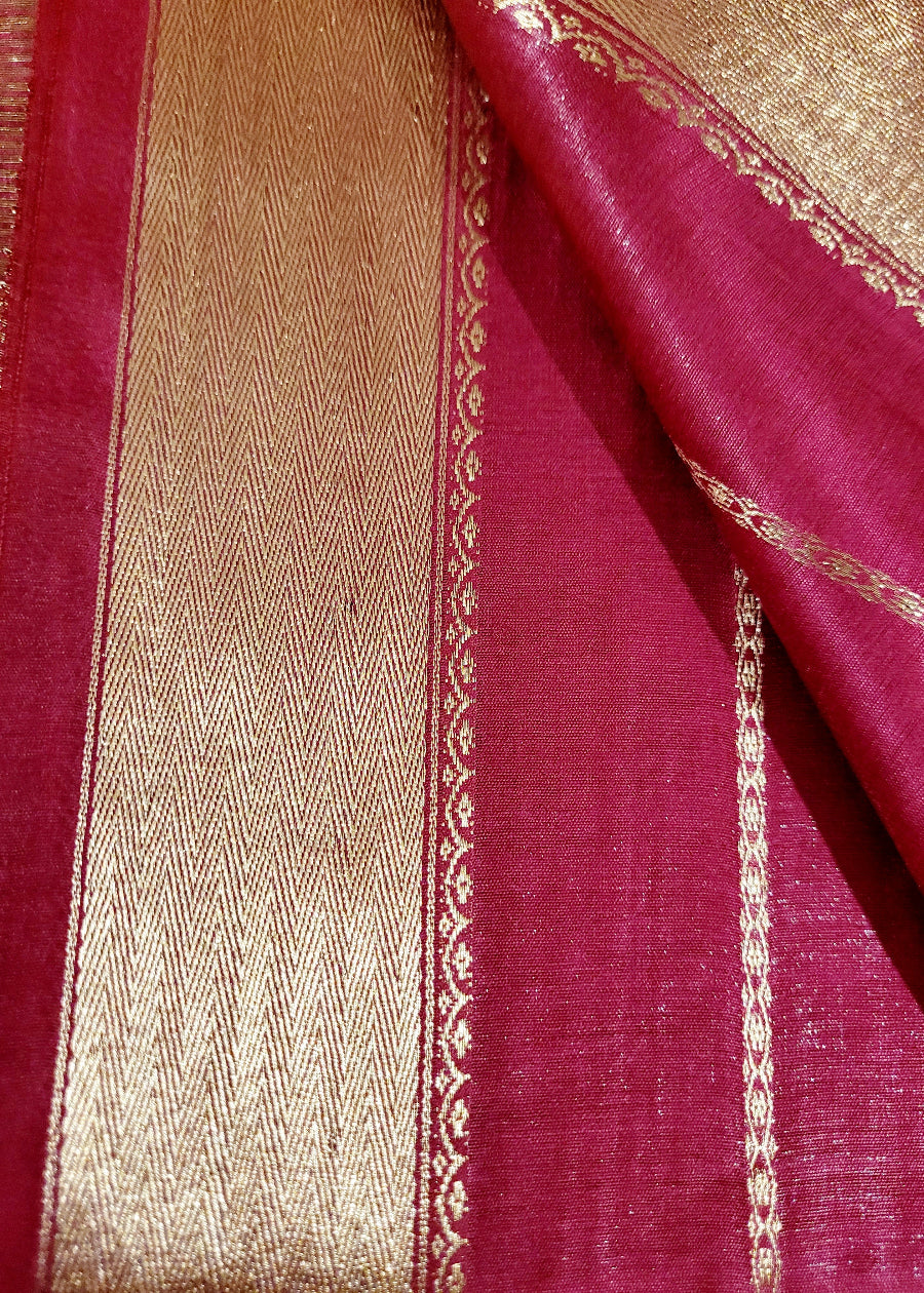 Dark Pink And Gold Colour Semi Silk Saree- Bhagalpur