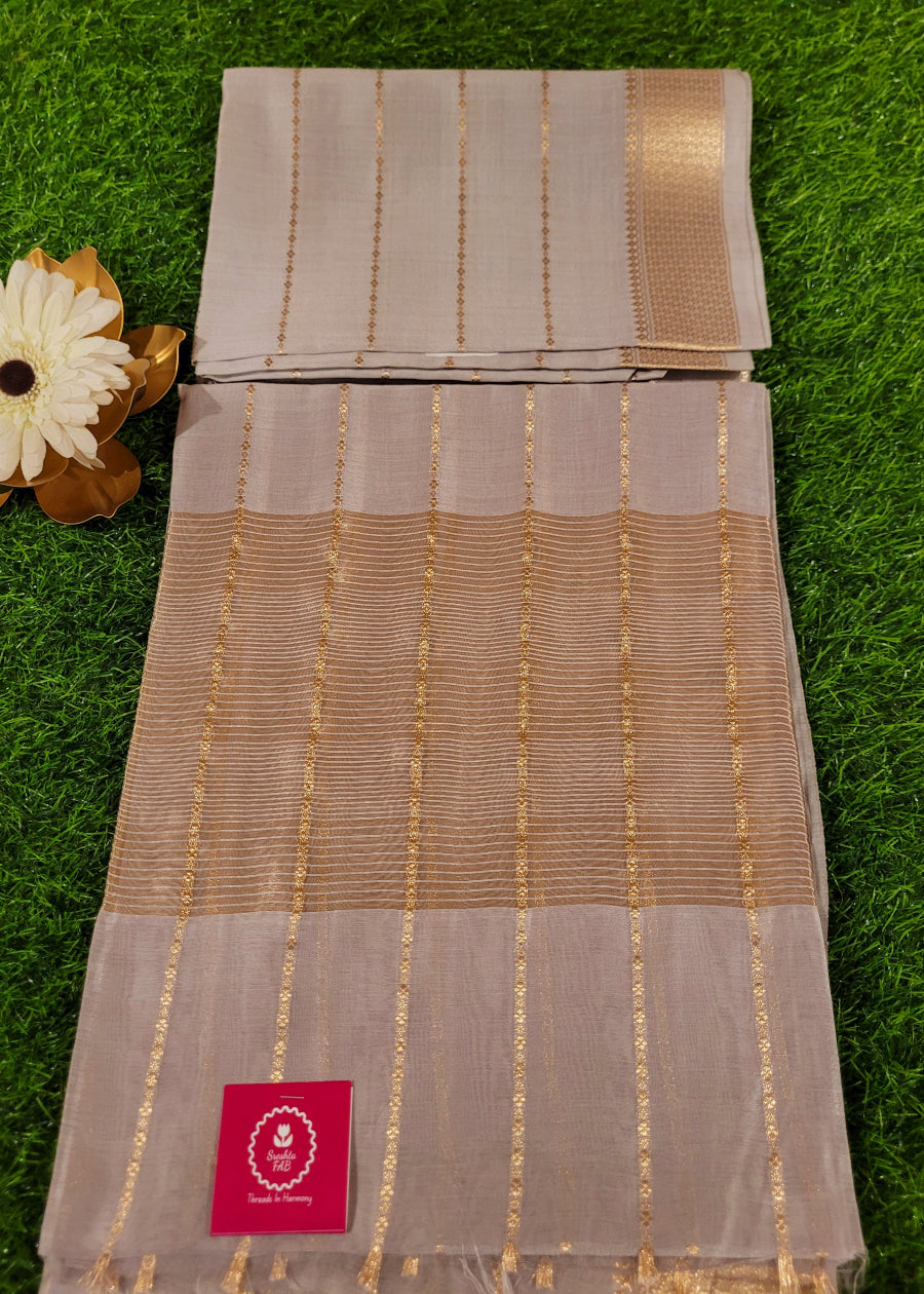Silvery White And Golden Semi Silk Saree-Bhagalpur