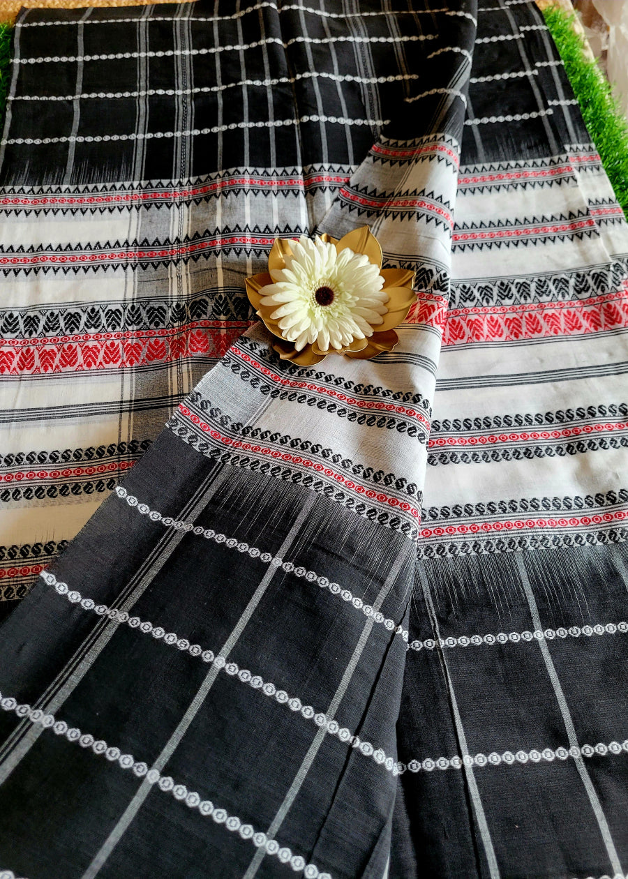 Black Checked Dhaniakali Cotton Saree - Bengal