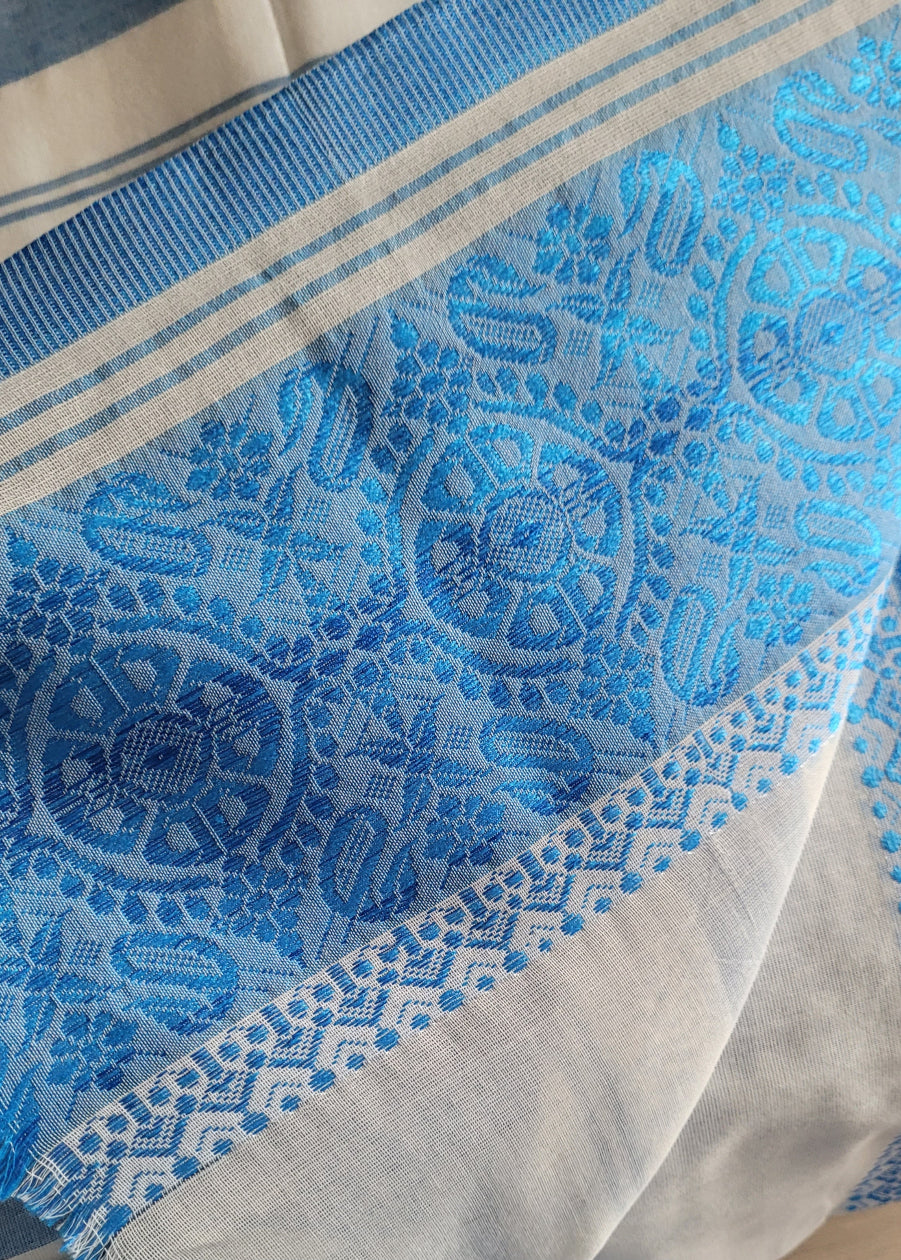 White and Blue Soft Cotton Saree-Bengal