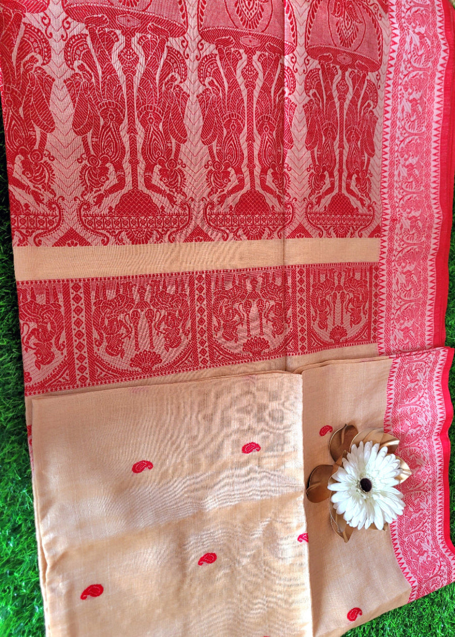 Classic Bengal Tussar Silk In Beige And Red- Bengal