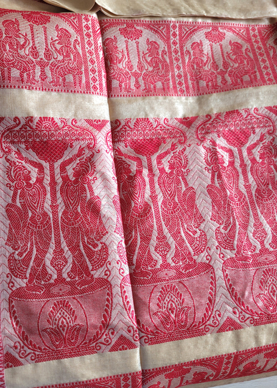 Classic Bengal Tussar Silk In Beige And Red- Bengal