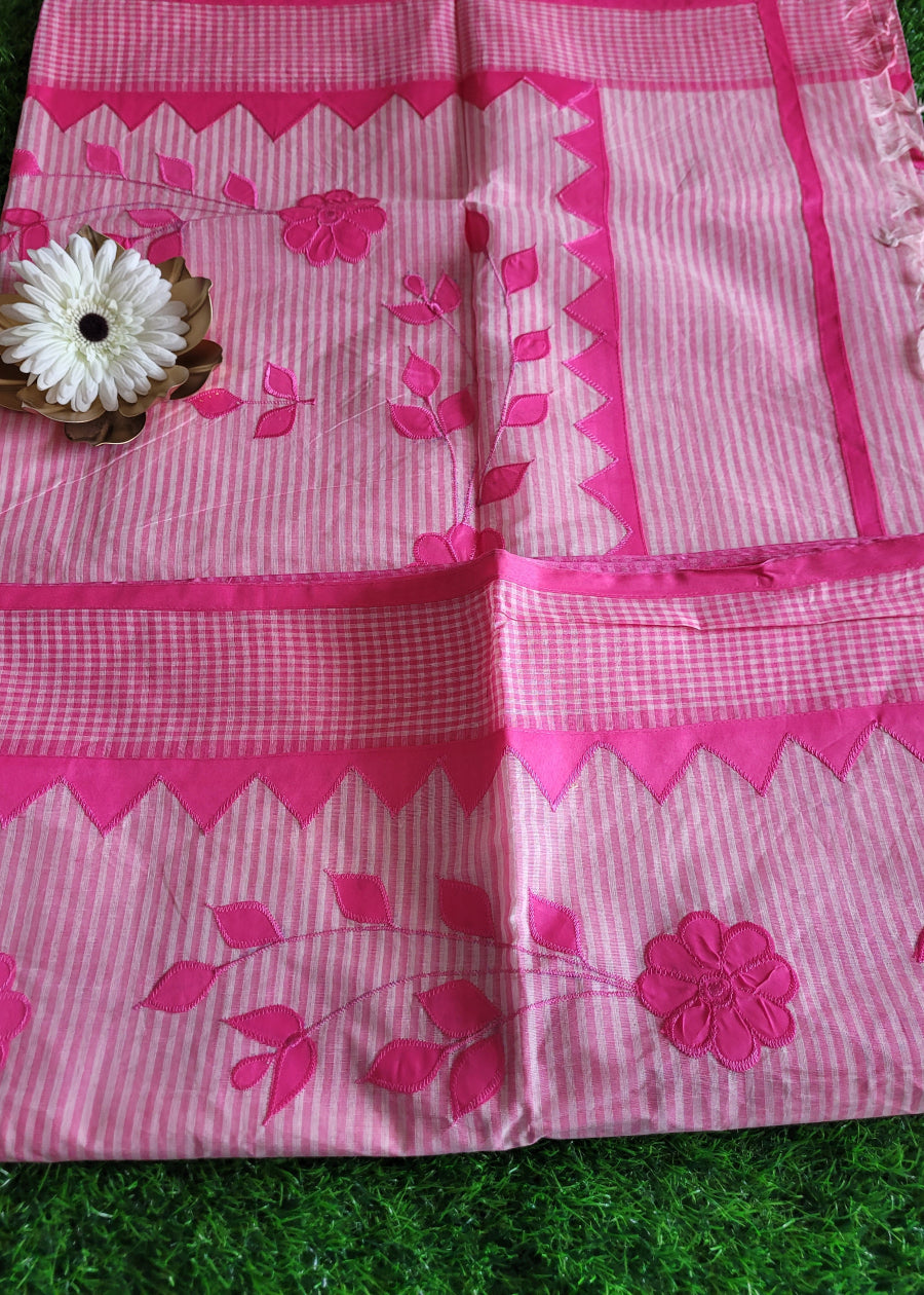 Pink Tant Cotton Saree With Applique Work- Bengal