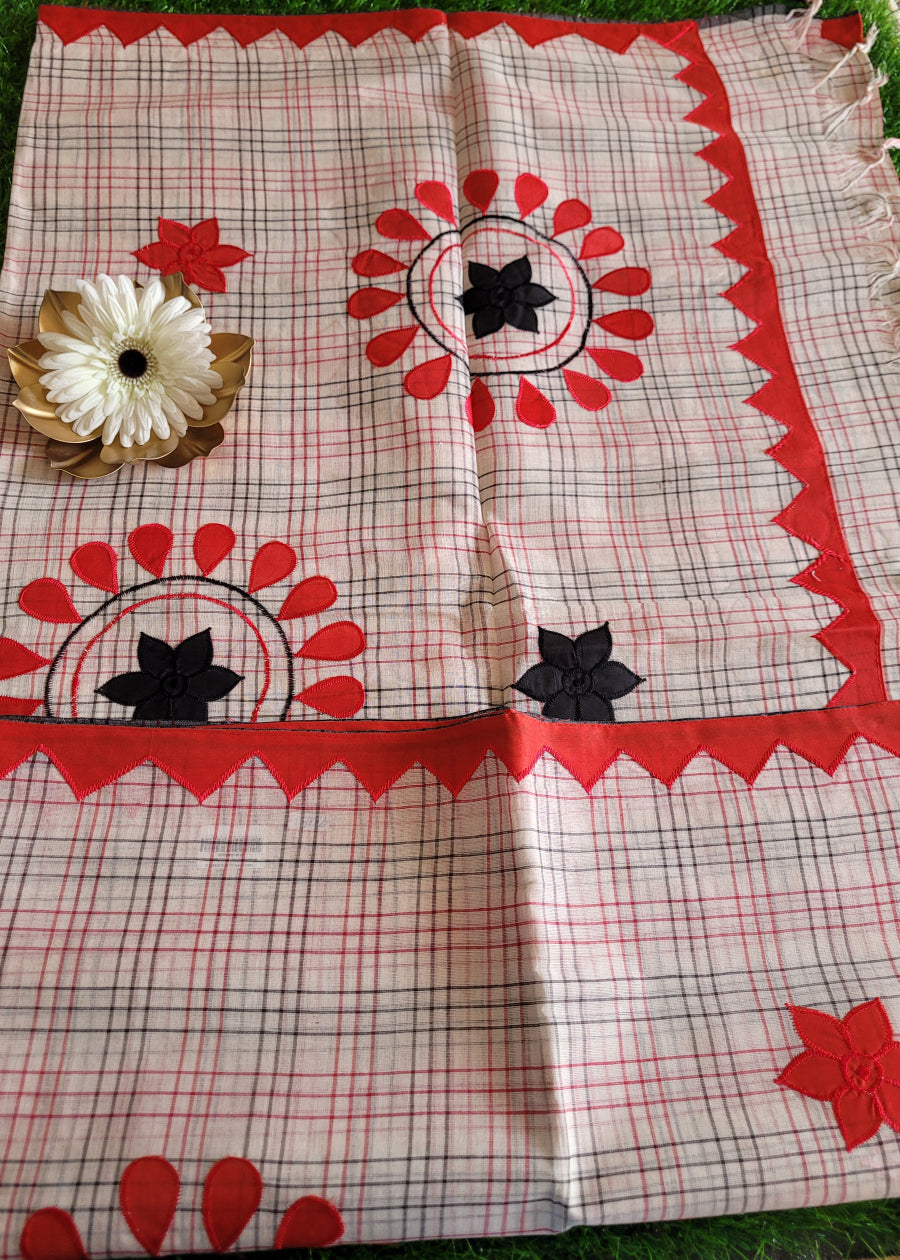 Checks Design Cotton Saree With Applique Work- Bengal