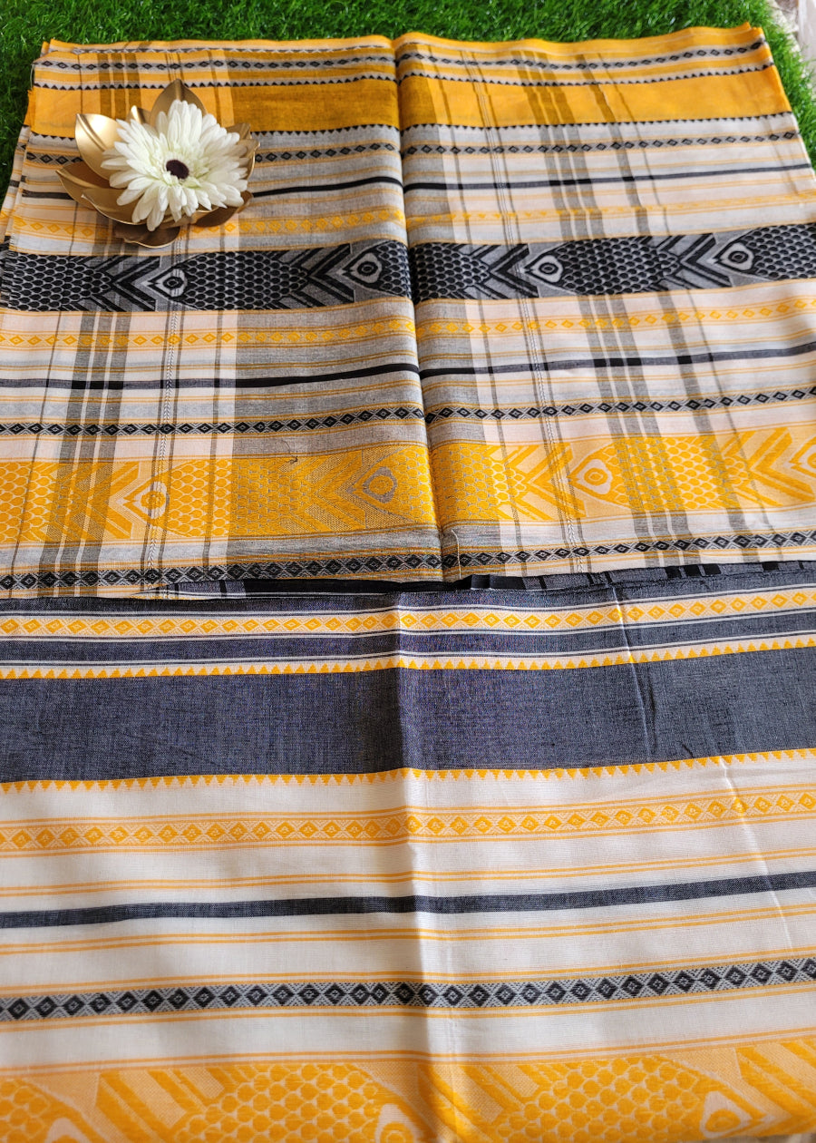 Yellow and Black Dhaniakali Cotton Saree -Bengal