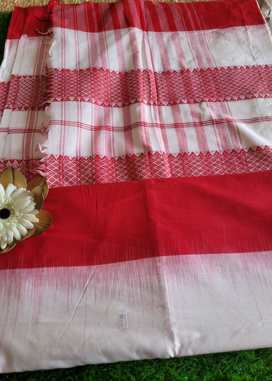 Classic White And Red Dhaniakali Cotton Saree-Bengal