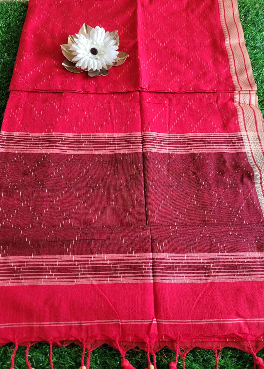Red And Brown Cotton Saree- Bengal