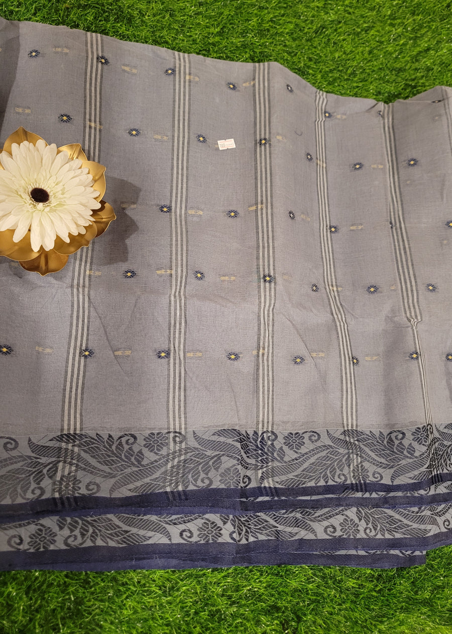 Grey And Black Crisp Tant Cotton Saree-Bengal